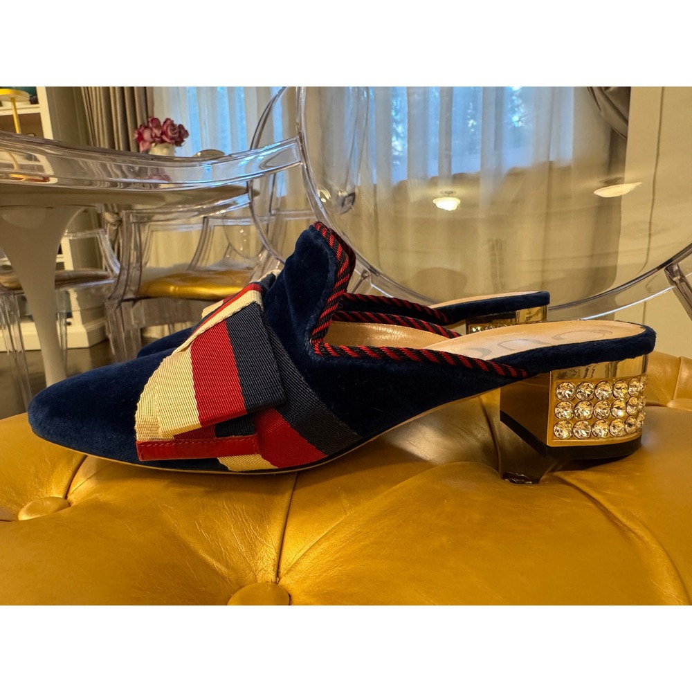 Gucci Velvet Bow Mule Heels Embellished Crystal Block Heel Slip On Shoes 36 - Picture 3 of 8